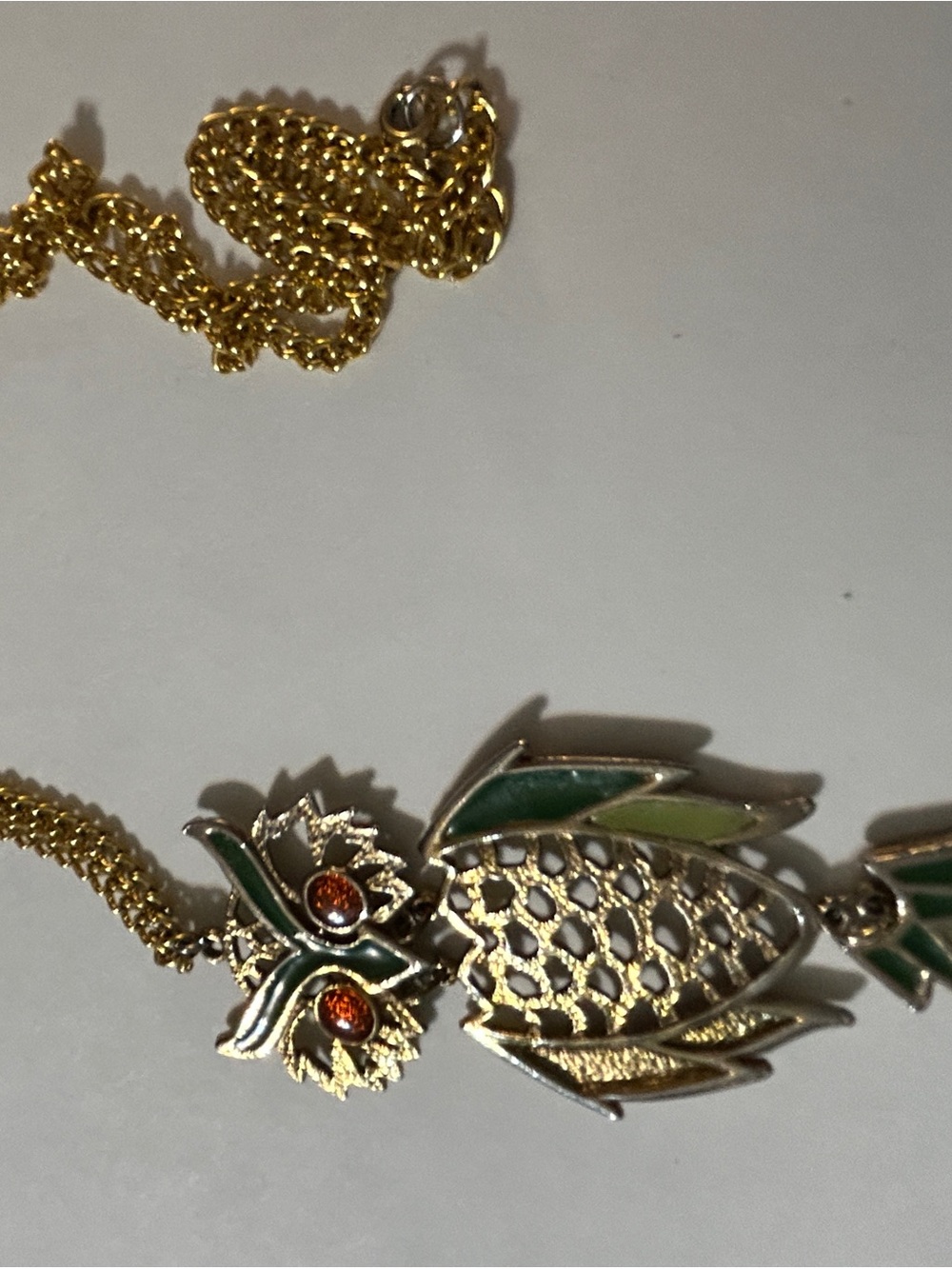Vintage 1970s Articulated Owl Pendant Necklace Green Enamel Amber Eyes